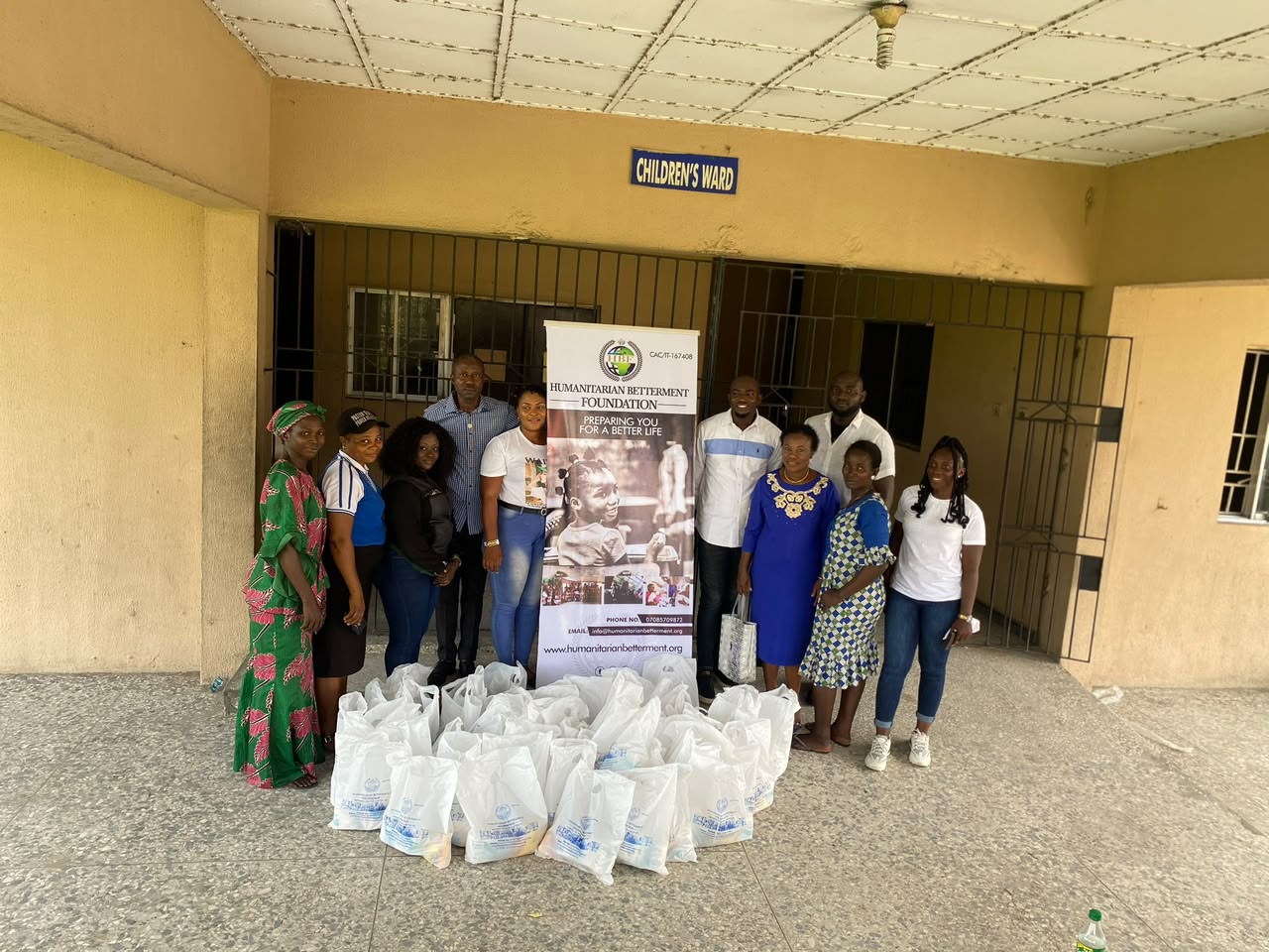 HBF team outside the children's ward in Warri with relief bags